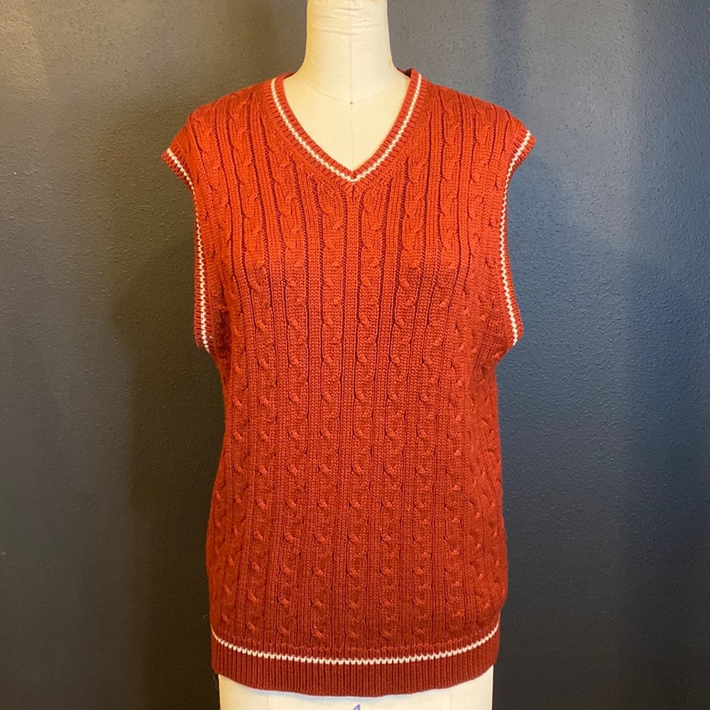 Vintage Maroon Sweater Vest with White stripe - Eddie Bauer mens Small